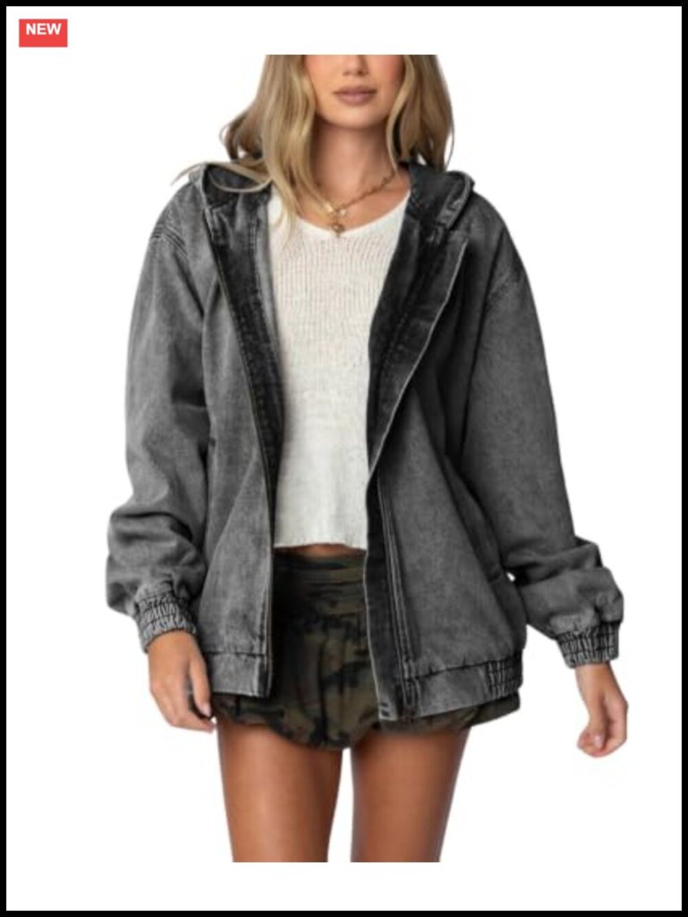 Hooded Denim Jacket Zip Up Jean Hoodie Trench Coat Loose Bomber